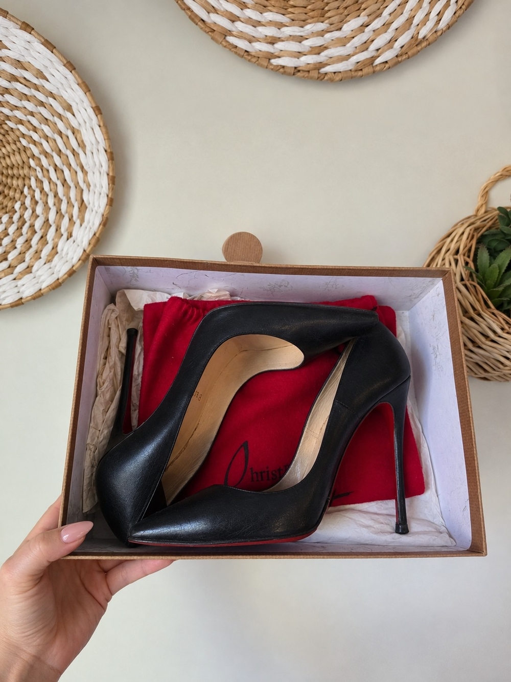 Christian Louboutin Kate 100 Black Leather Pointed Toe Pumps - Size 39